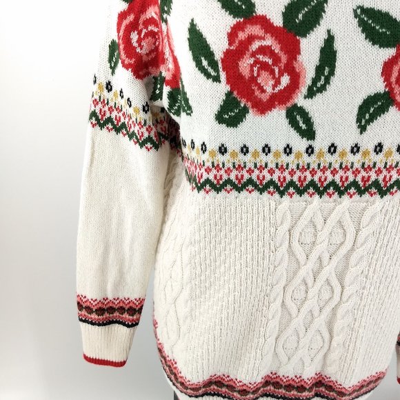 Cable Knit Sweater Nordic Ski Women M White Red - Picture 3 of 7